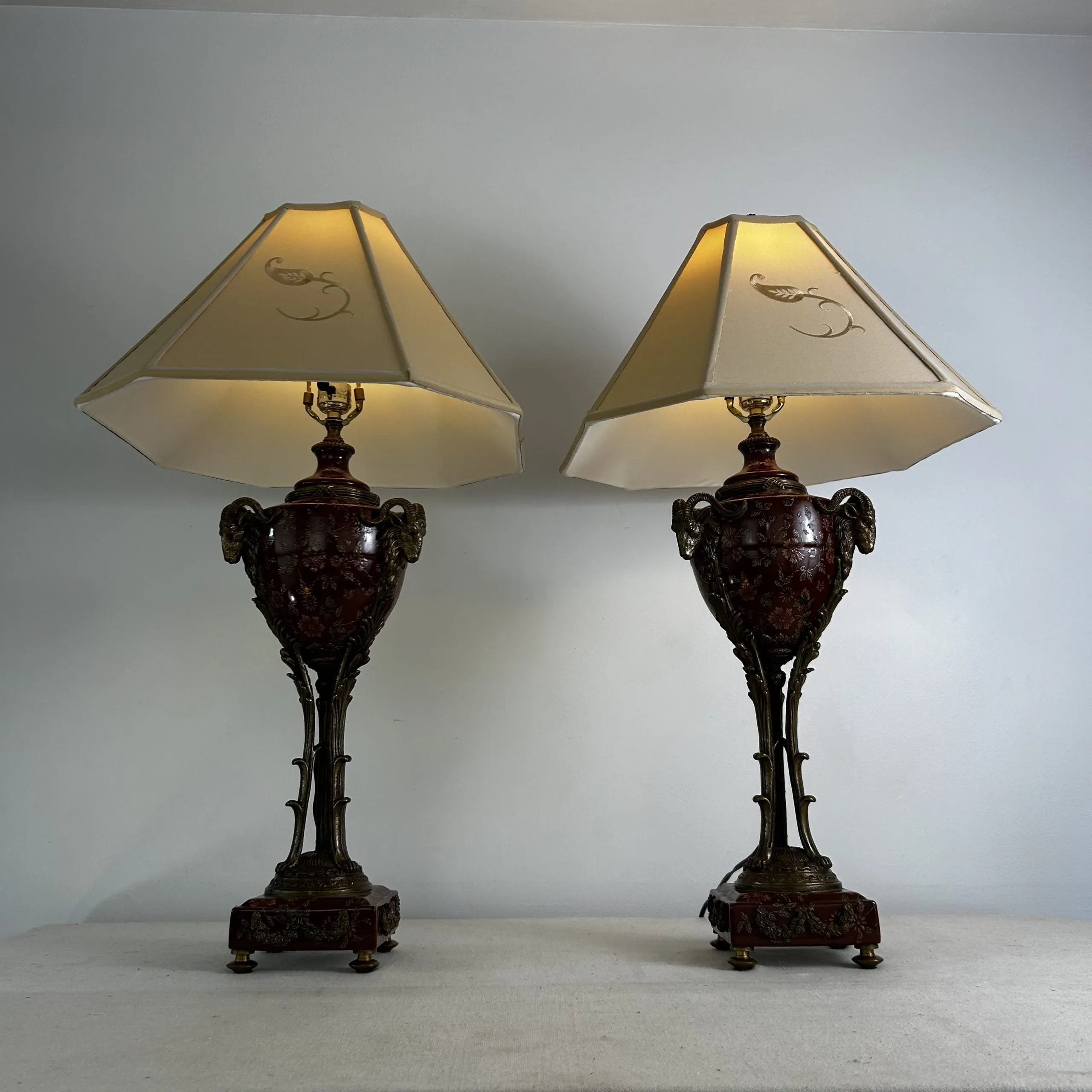 Pair of Vintage Castilian Urn Table Lamps with Brass and Porcelain Accents