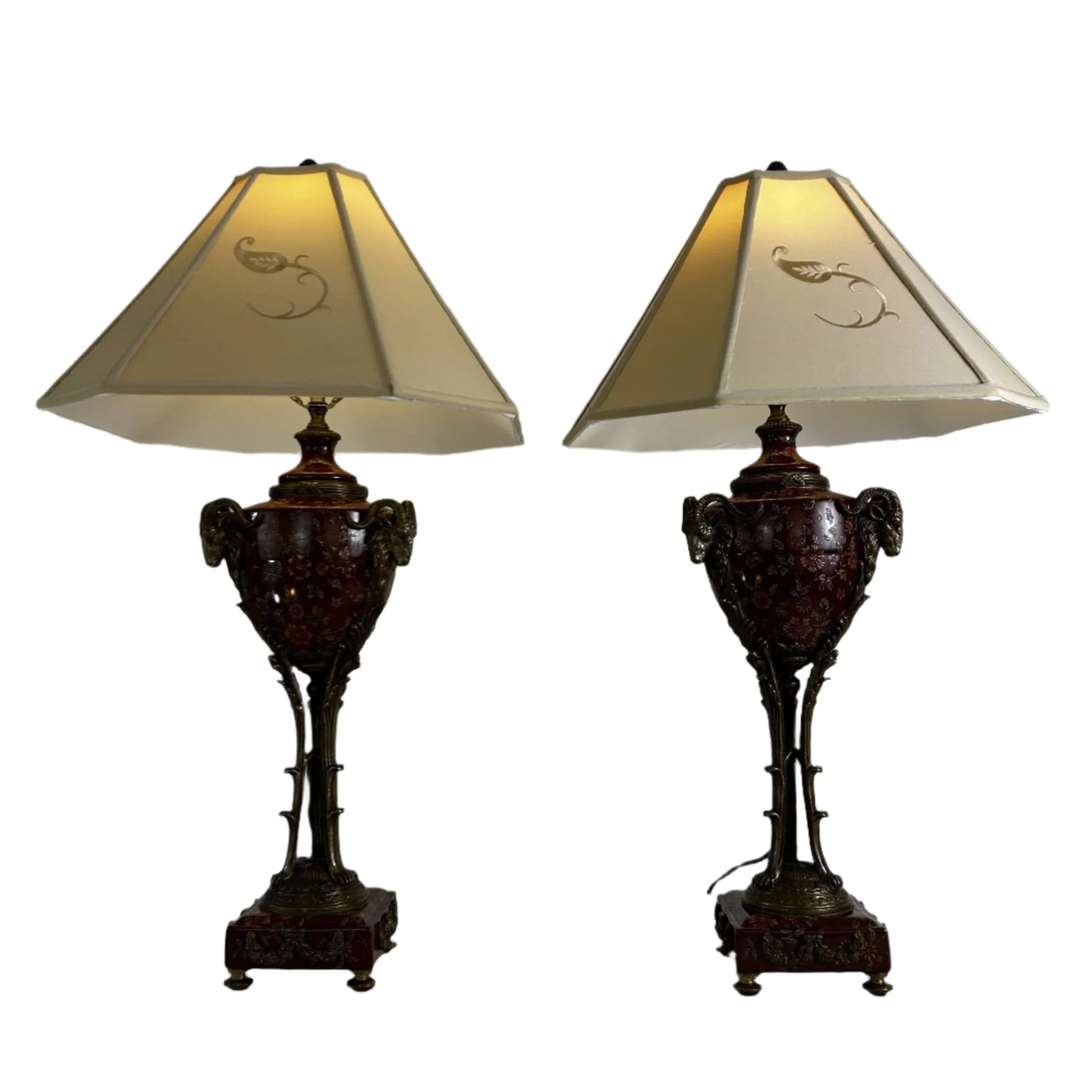 Pair of Vintage Castilian Urn Table Lamps with Brass and Porcelain Accents