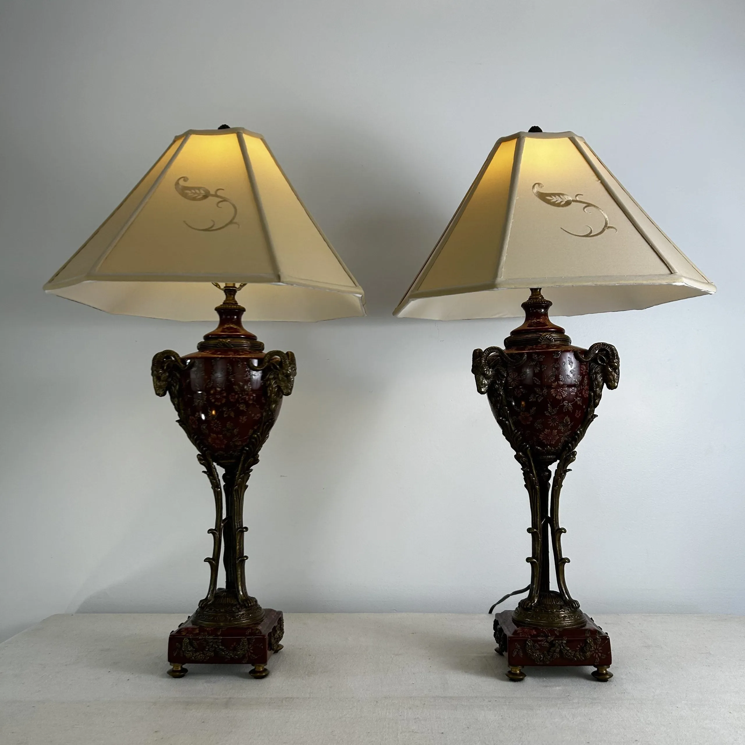 Pair of Vintage Castilian Urn Table Lamps with Brass and Porcelain Accents