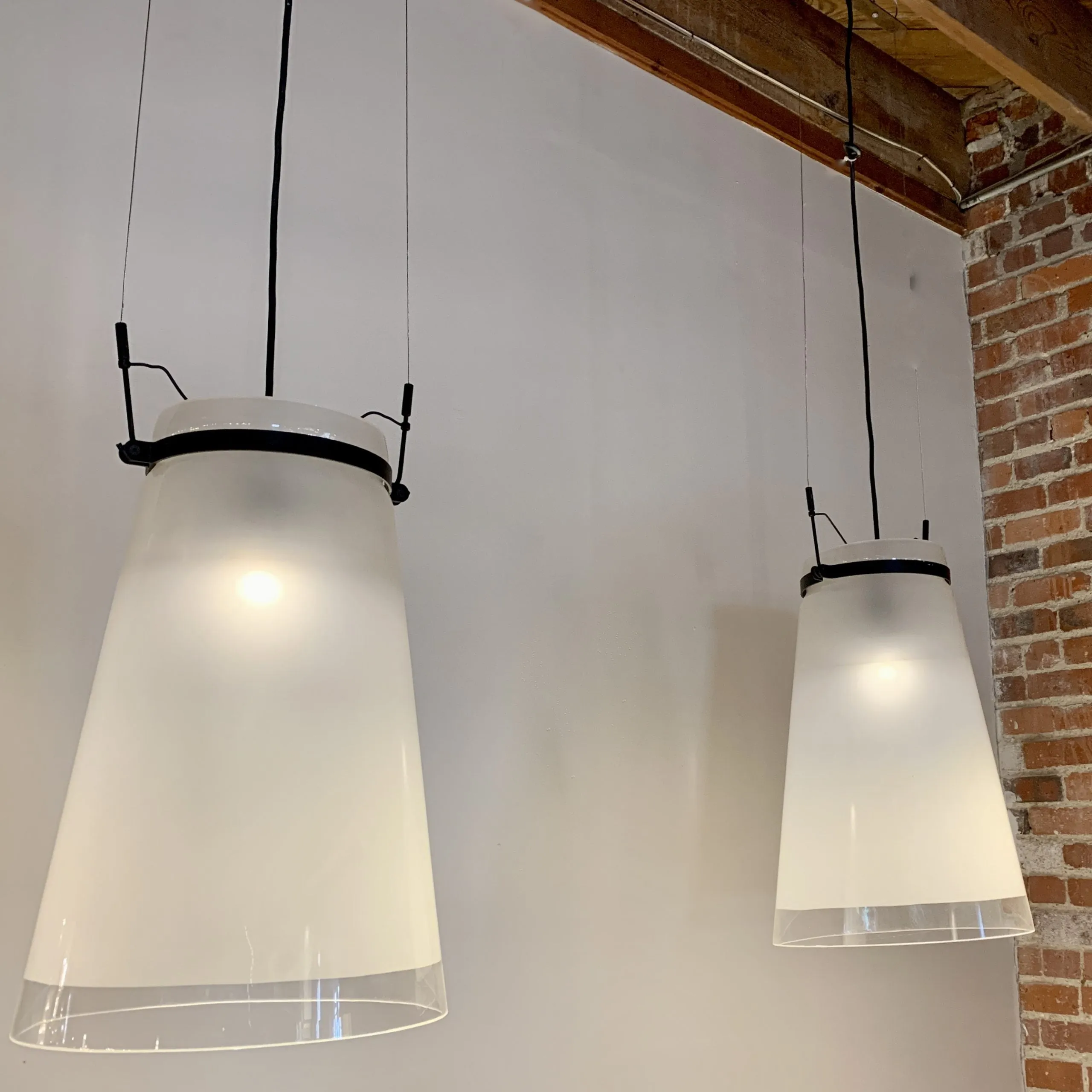 Paolo Rizzatto Design Pendant Light, Contemporary, Large, Frosted Glass With Black Metal Frame