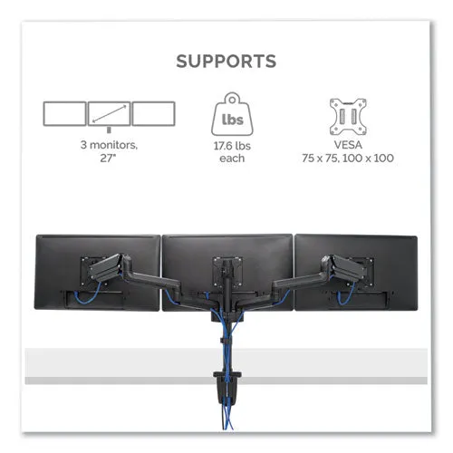 Platinum Series Triple Monitor Arm For 27" Monitors, 360 Deg Rotation,  85/-20 Deg Tilt, 360 Deg Pan, Black, Supports 20 Lb