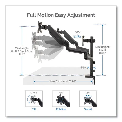 Platinum Series Triple Monitor Arm For 27" Monitors, 360 Deg Rotation,  85/-20 Deg Tilt, 360 Deg Pan, Black, Supports 20 Lb