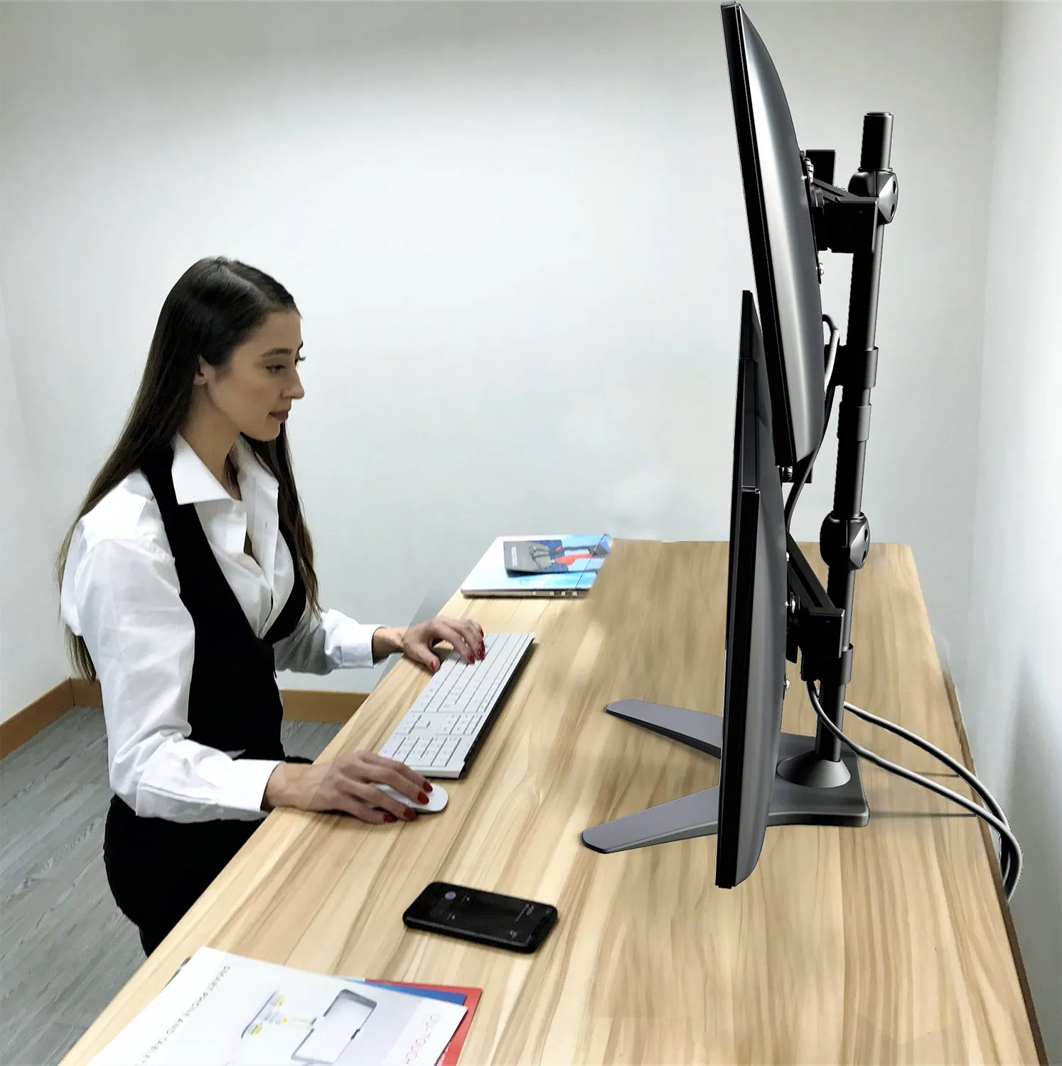 Quad LED LCD Monitor Stand up Freestanding Desk Mount for Support up to 32" Monitors, 29 inch Pole Heavy Duty Fully Adjustable Stand, Black (2004MSFP)