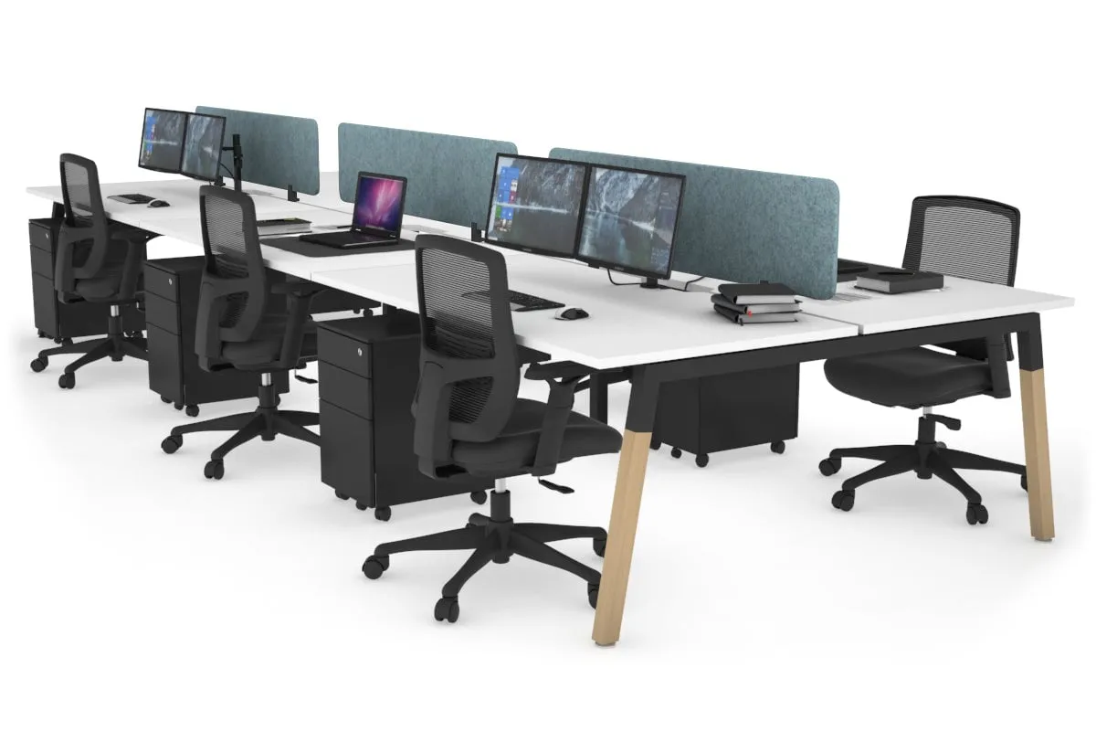 Quadro A Legs 6 Person Office Workstation - Wood Legs Cross Beam [1400L x 800W with Cable Scallop]