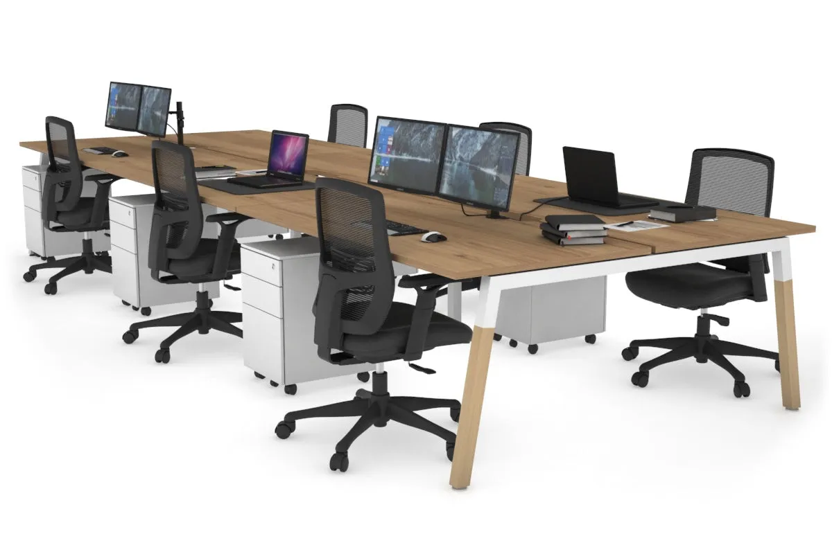 Quadro A Legs 6 Person Office Workstation - Wood Legs Cross Beam [1400L x 800W with Cable Scallop]