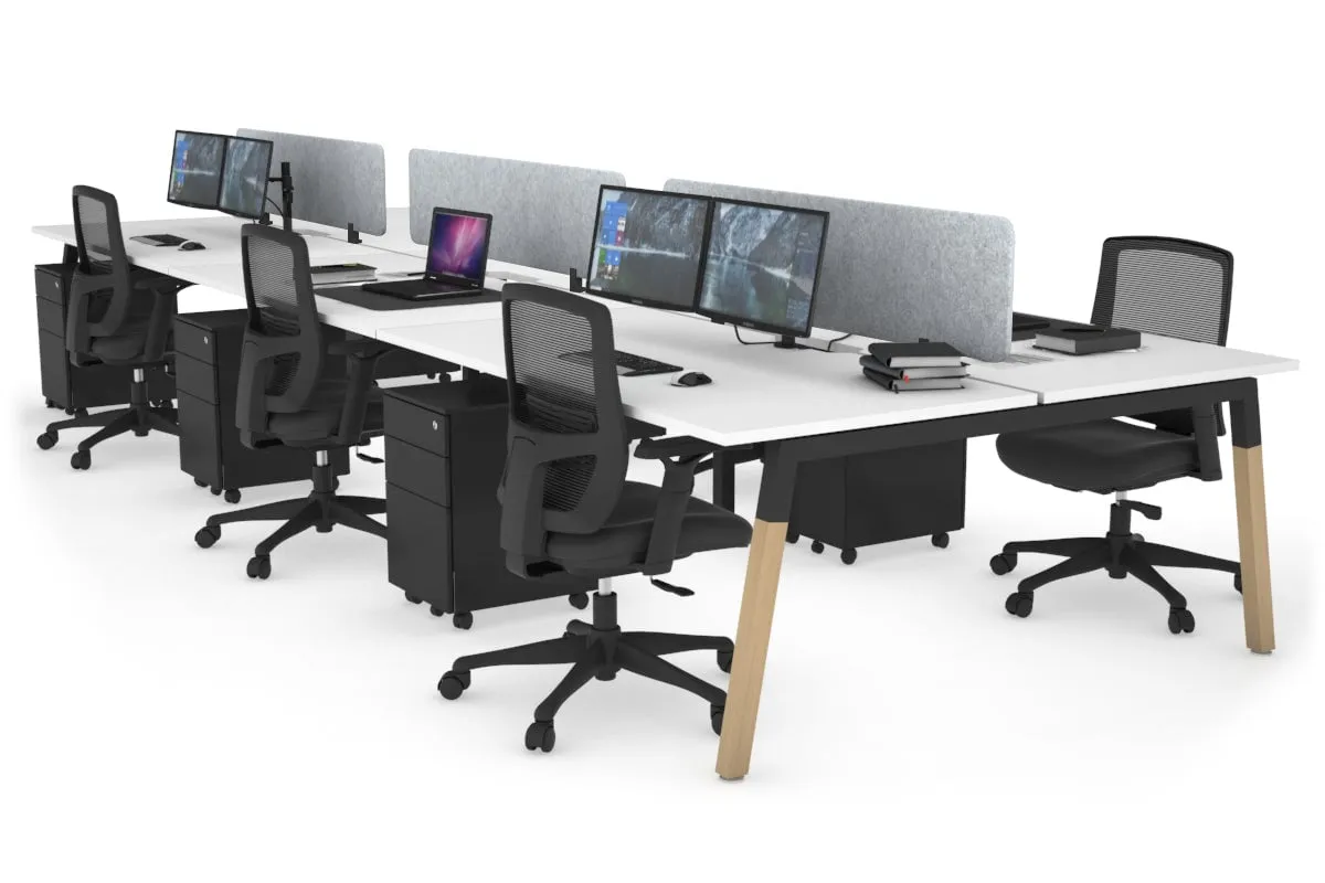 Quadro A Legs 6 Person Office Workstation - Wood Legs Cross Beam [1400L x 800W with Cable Scallop]