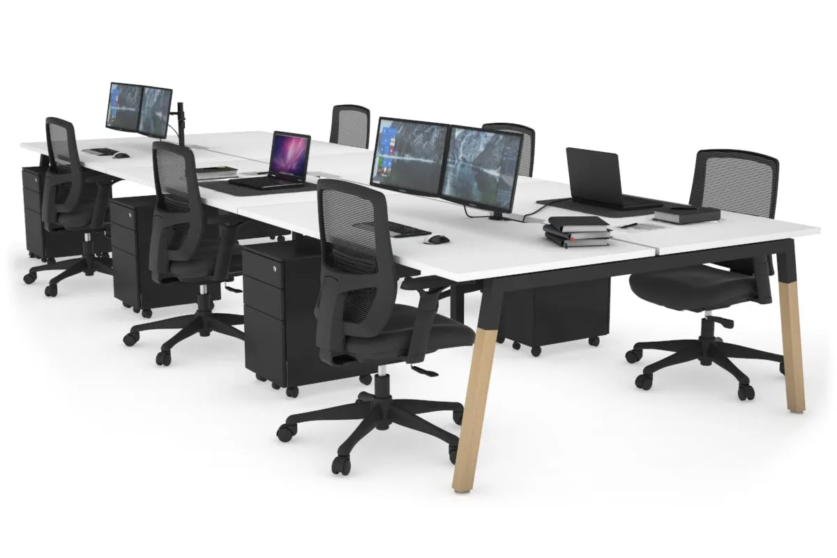 Quadro A Legs 6 Person Office Workstation - Wood Legs Cross Beam [1400L x 800W with Cable Scallop]