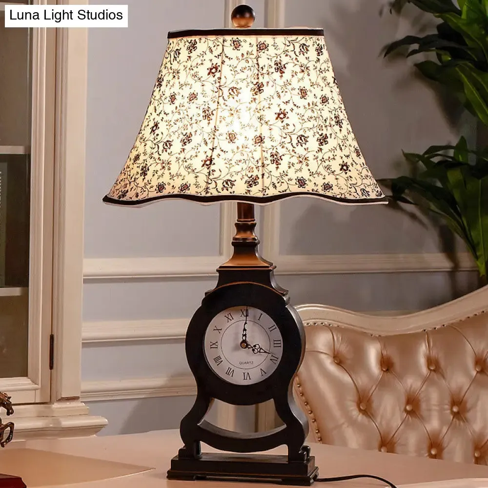 Reagan - Black Black 1-Bulb Desk Lamp Classic Fabric Flared Flower Patterned Table Light with Clock Design