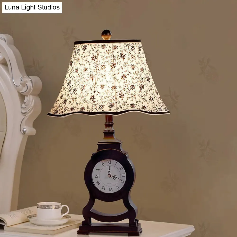 Reagan - Black Black 1-Bulb Desk Lamp Classic Fabric Flared Flower Patterned Table Light with Clock Design