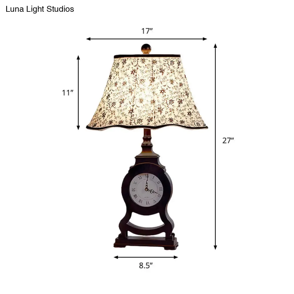 Reagan - Black Black 1-Bulb Desk Lamp Classic Fabric Flared Flower Patterned Table Light with Clock Design