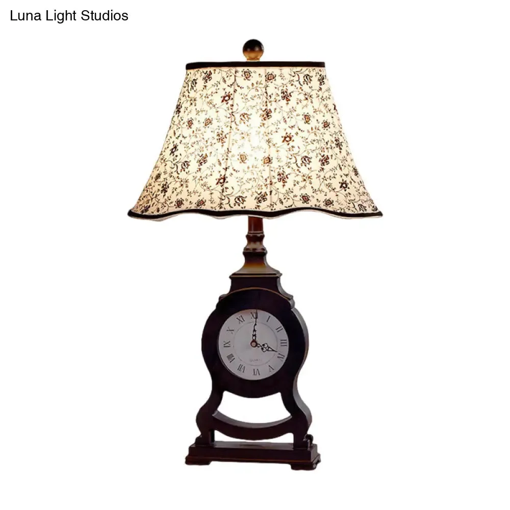 Reagan - Black Black 1-Bulb Desk Lamp Classic Fabric Flared Flower Patterned Table Light with Clock Design