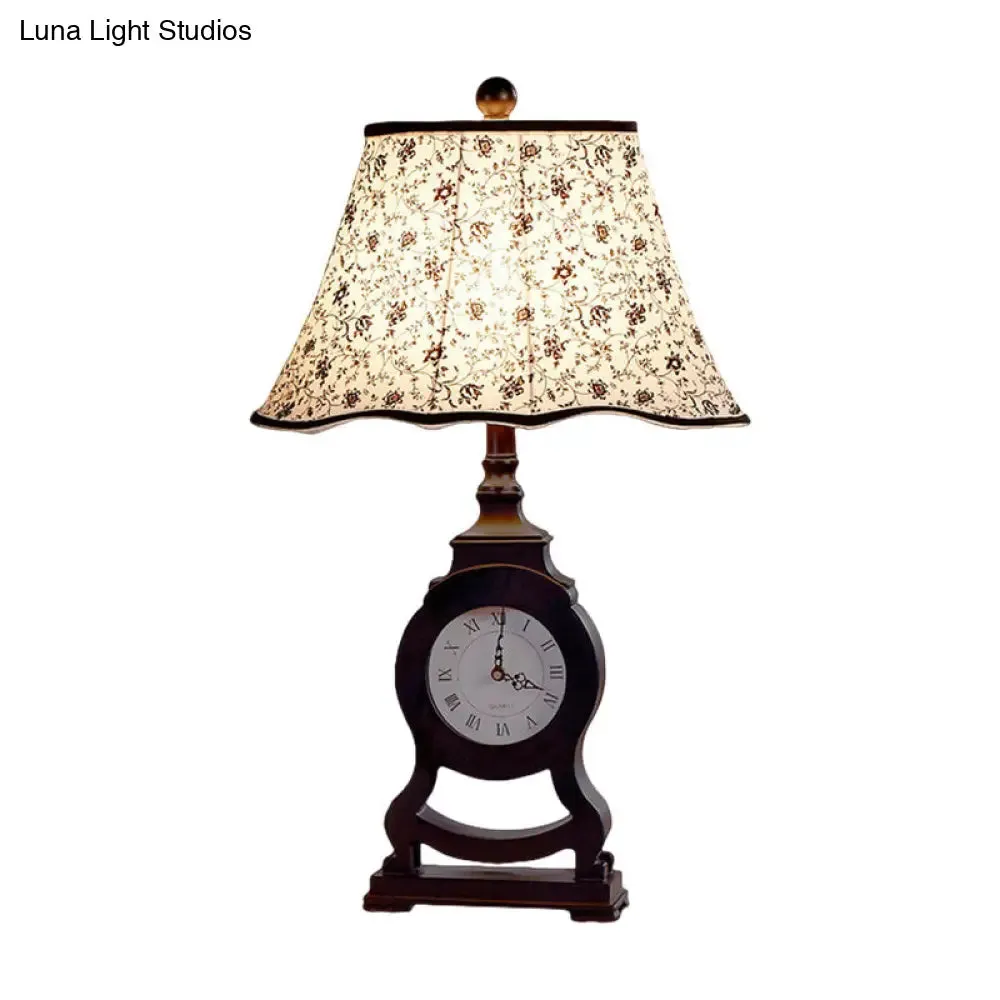 Reagan - Black Black 1-Bulb Desk Lamp Classic Fabric Flared Flower Patterned Table Light with Clock Design