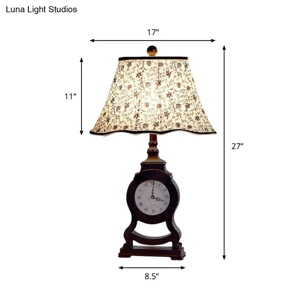 Reagan - Black Black 1-Bulb Desk Lamp Classic Fabric Flared Flower Patterned Table Light with Clock Design