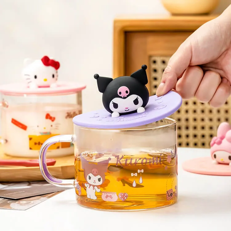 Sanrio silicone cup lid round shape and glass cup