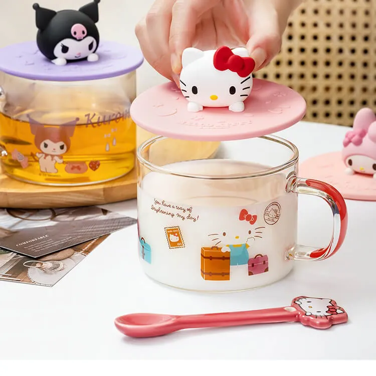 Sanrio silicone cup lid round shape and glass cup