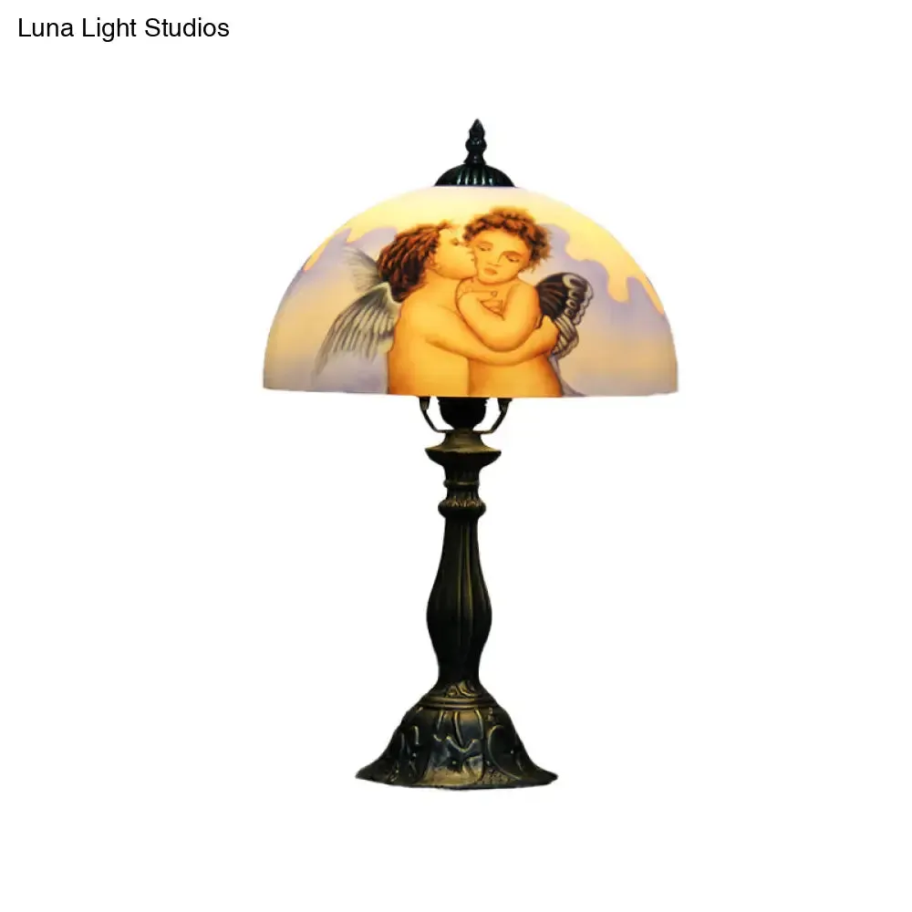 Sara - Stained Bowl Stained Glass Nightstand Lamp Victorian 1 Head Bronze Angel Patterned Desk Lamp