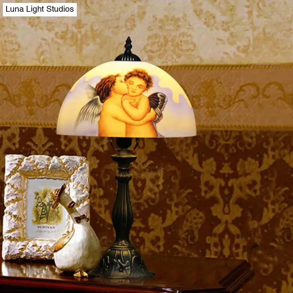 Sara - Stained Bowl Stained Glass Nightstand Lamp Victorian 1 Head Bronze Angel Patterned Desk Lamp