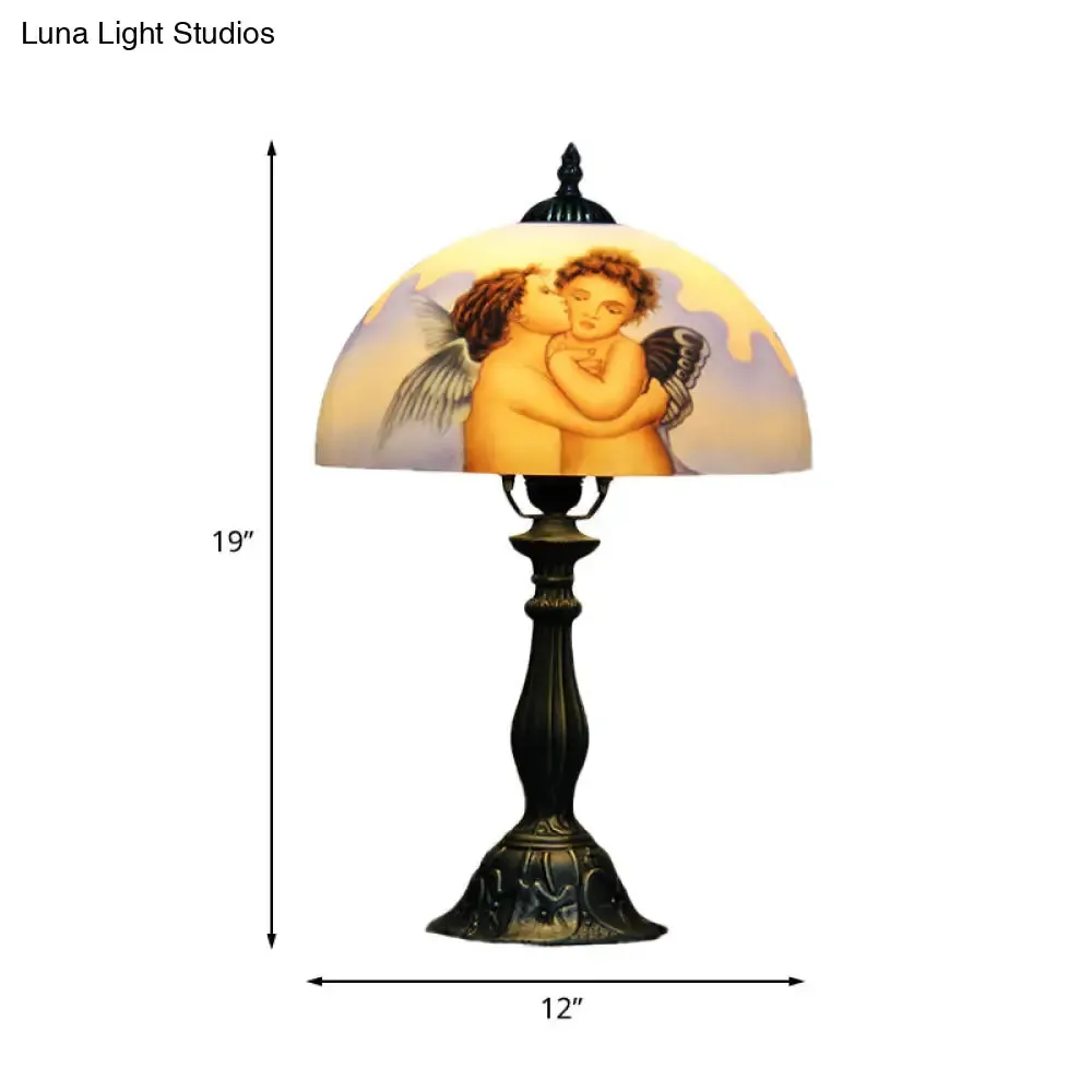 Sara - Stained Bowl Stained Glass Nightstand Lamp Victorian 1 Head Bronze Angel Patterned Desk Lamp