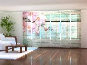 Set of 6 Sliding Panel Curtains Lovely Orchids on a Old Blue Wood