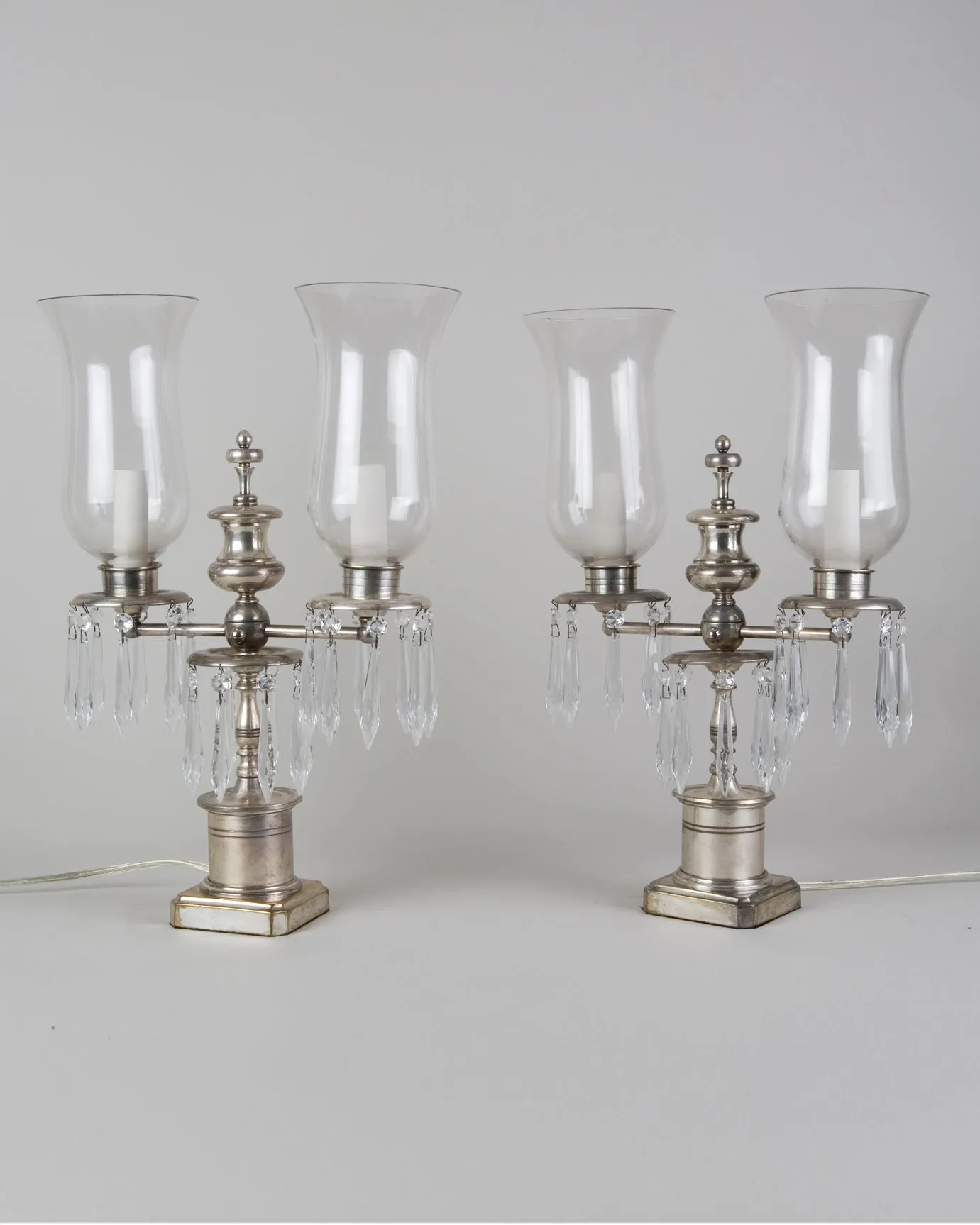 Silverplate Lamps with Prisms and Hurricane Shades