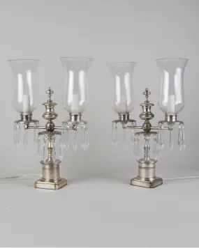 Silverplate Lamps with Prisms and Hurricane Shades