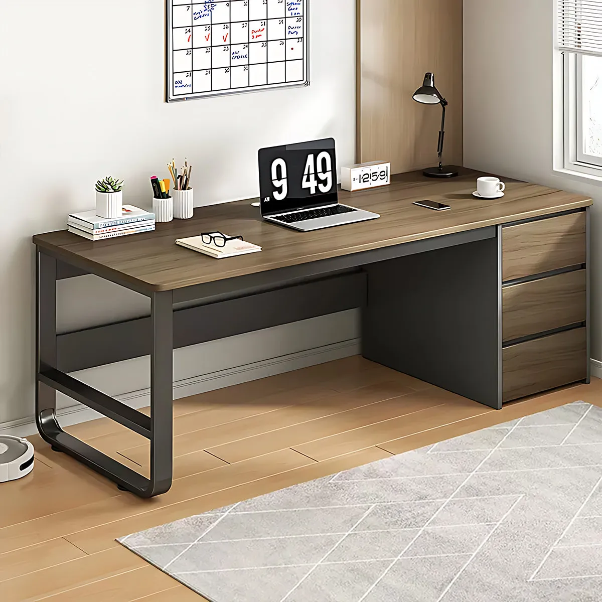 Simple Modern Desk and Chair Set with Steel Frame Legs and Drawers