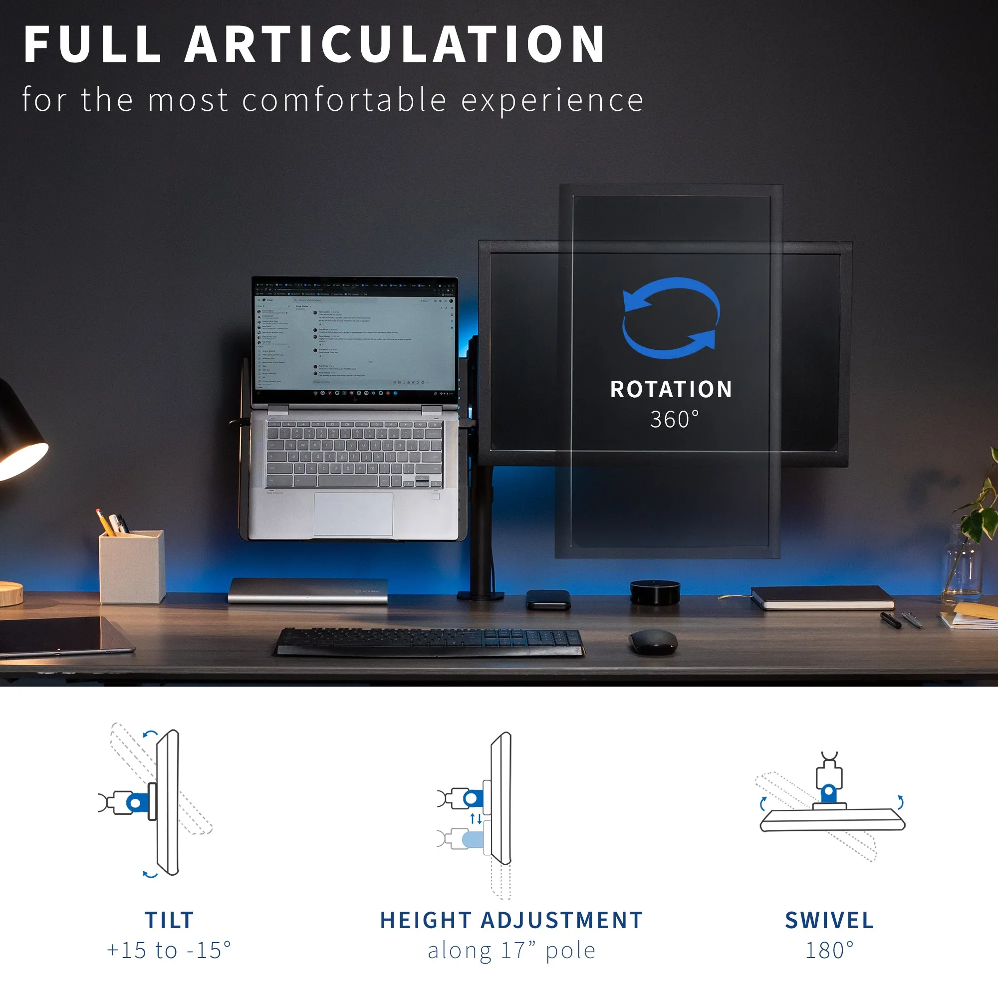 Single Monitor and Laptop Desk Mount - Up to 32" Screens, 17" Laptops