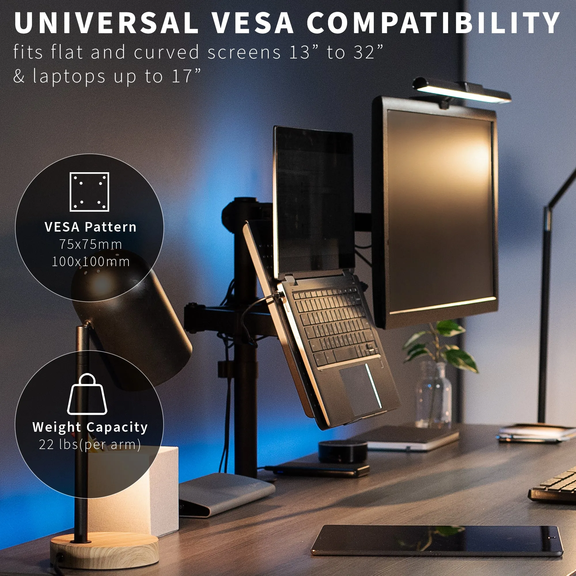Single Monitor and Laptop Desk Mount - Up to 32" Screens, 17" Laptops