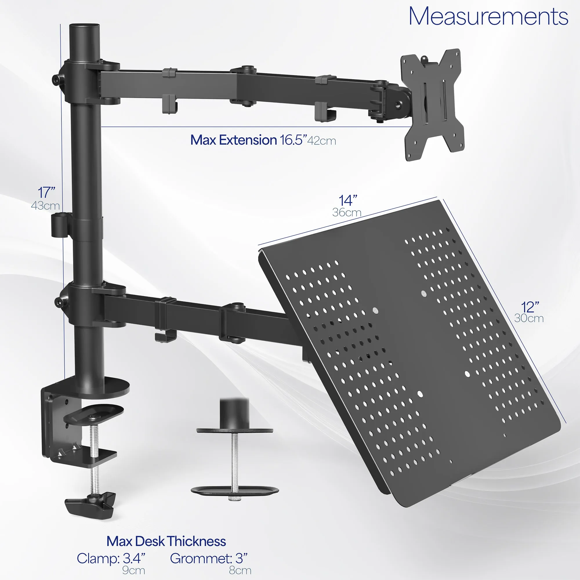 Single Monitor and Laptop Desk Mount - Up to 32" Screens, 17" Laptops