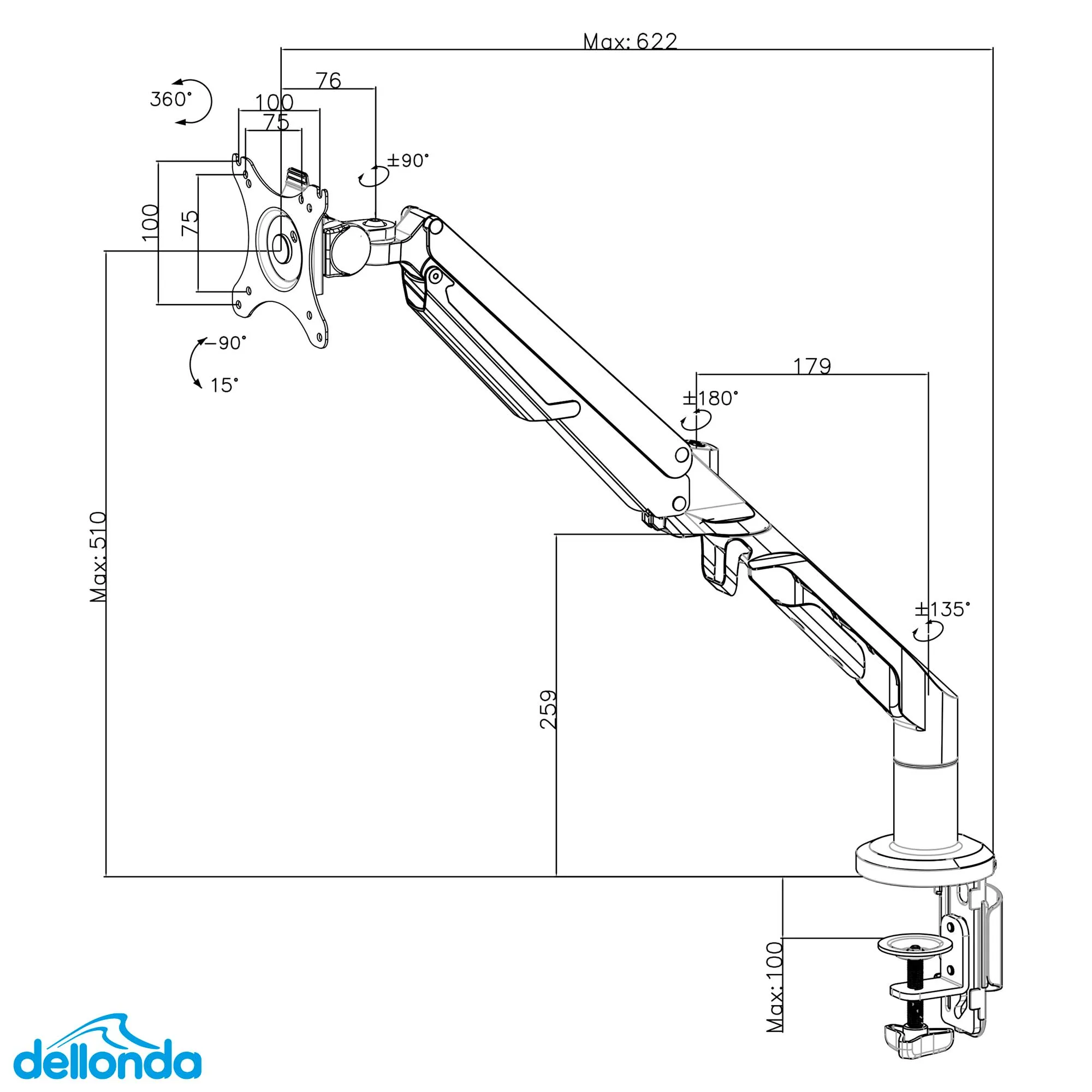 Single Monitor Arm, Adjustable & Rotating 12kg Load Capacity, 17-36" Screens - White - DH26