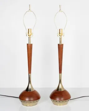 Teak Wood and Metal Lamps with Geometric Details