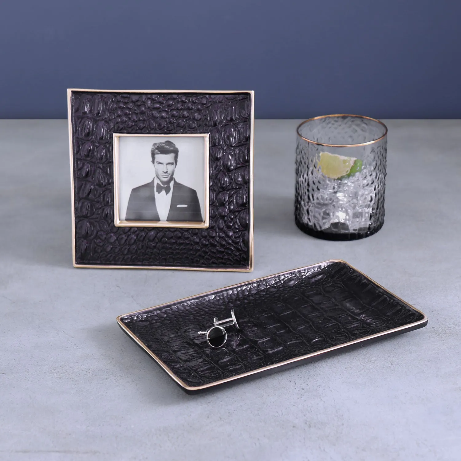 Thanni Croc Mini Tray in Black and Gold