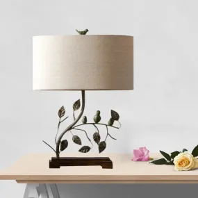 Vintage 1-Light Metallic Leaf Table Lamp in Brown with Drum Fabric Shade