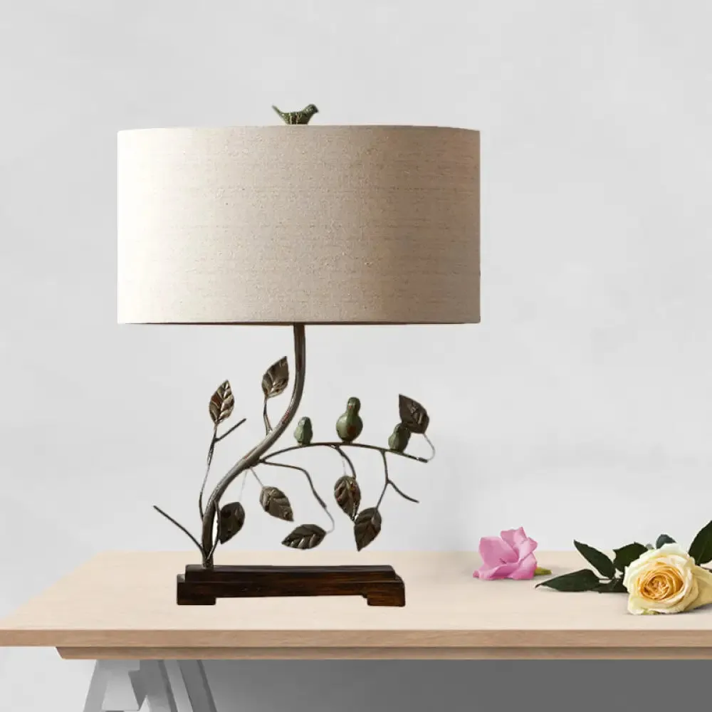 Vintage 1-Light Metallic Leaf Table Lamp in Brown with Drum Fabric Shade