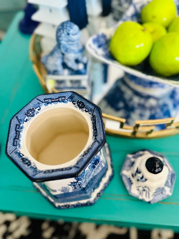 Vintage Canister, Fenton Blue Willow Ironstone, Porcelain Lidded Jar, Chinoiserie, Blue and White