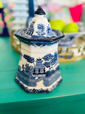 Vintage Canister, Fenton Blue Willow Ironstone, Porcelain Lidded Jar, Chinoiserie, Blue and White