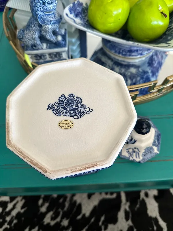 Vintage Canister, Fenton Blue Willow Ironstone, Porcelain Lidded Jar, Chinoiserie, Blue and White