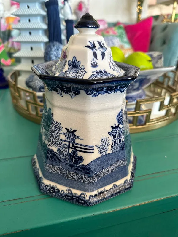 Vintage Canister, Fenton Blue Willow Ironstone, Porcelain Lidded Jar, Chinoiserie, Blue and White