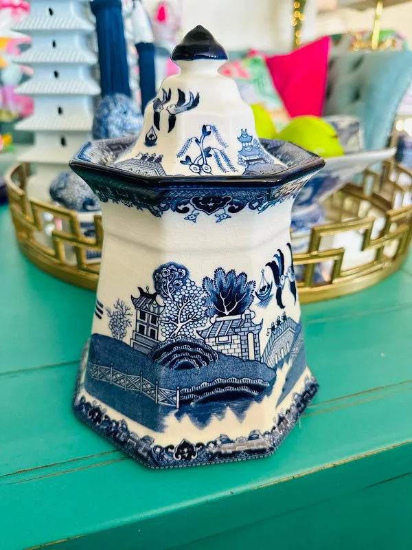 Vintage Canister, Fenton Blue Willow Ironstone, Porcelain Lidded Jar, Chinoiserie, Blue and White