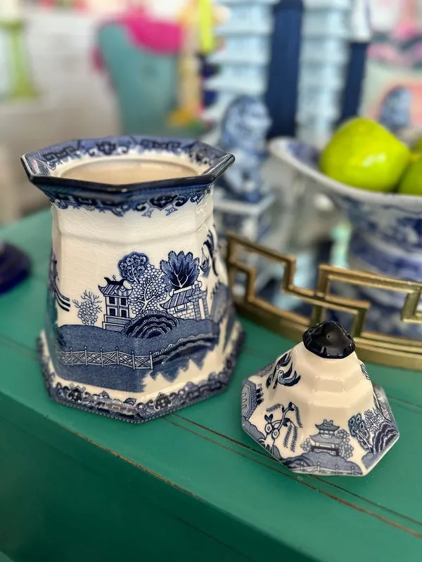 Vintage Canister, Fenton Blue Willow Ironstone, Porcelain Lidded Jar, Chinoiserie, Blue and White