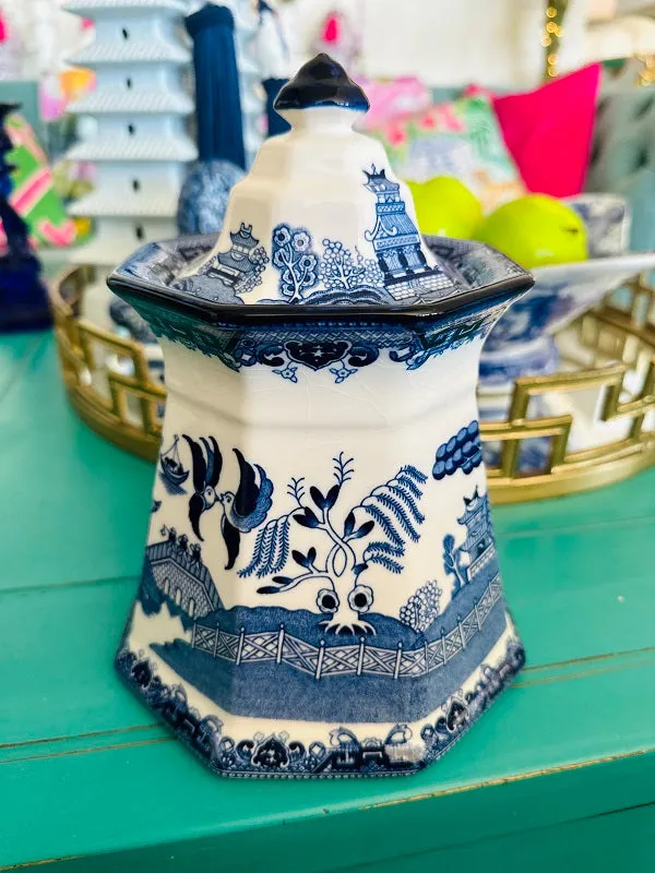 Vintage Canister, Fenton Blue Willow Ironstone, Porcelain Lidded Jar, Chinoiserie, Blue and White