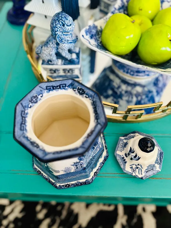 Vintage Canister, Fenton Blue Willow Ironstone, Porcelain Lidded Jar, Chinoiserie, Blue and White