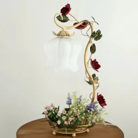 Vintage Flower Desk Lamp - 1 Light Cream Glass Nightstand Lighting with Floral Decor in White/Beige/Blue