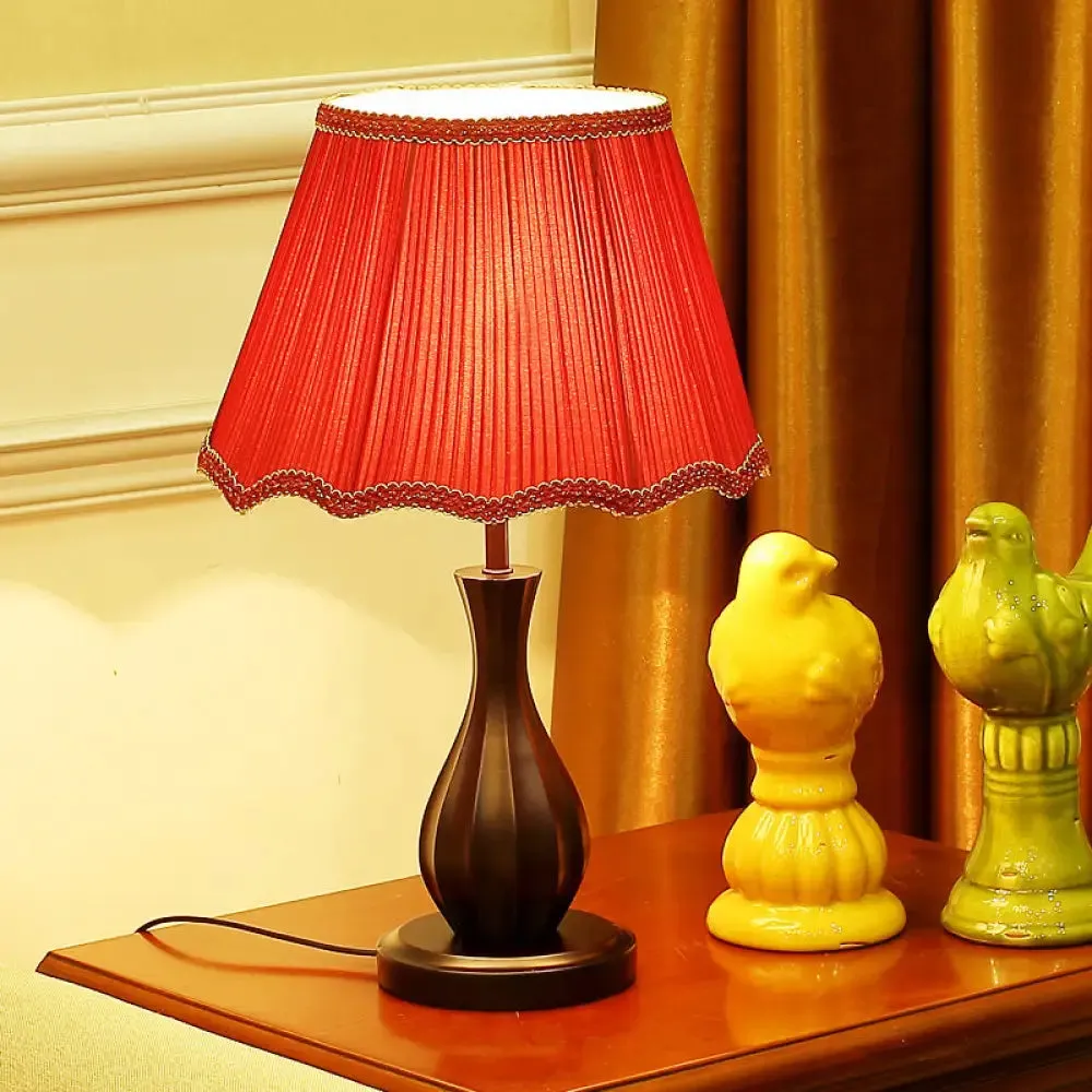 Vintage Style Red/White Conical Shade Desk Light - Fabric 1 Light Night Table Lamp