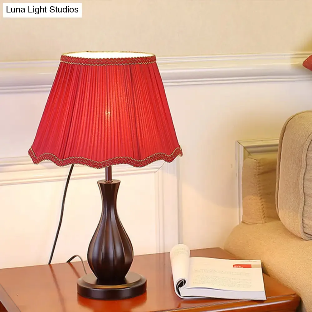 Vintage Style Red/White Conical Shade Desk Light - Fabric 1 Light Night Table Lamp