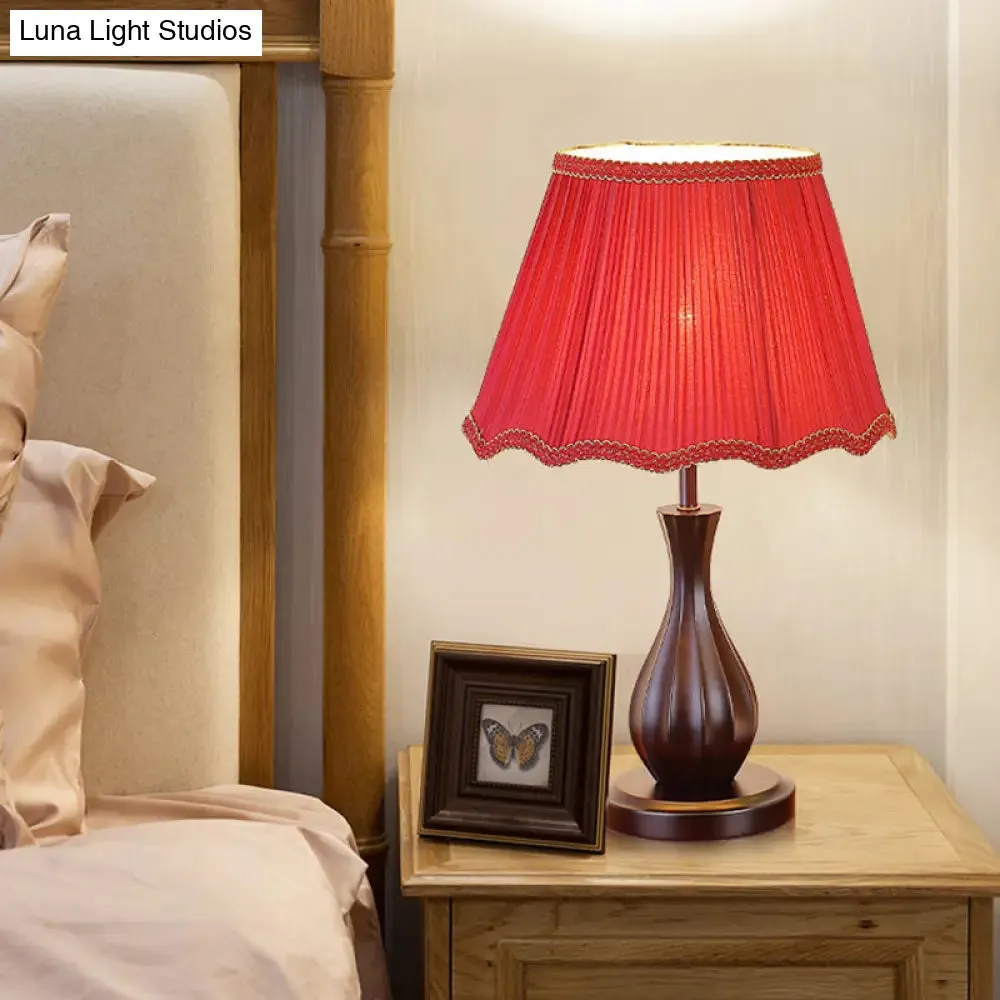 Vintage Style Red/White Conical Shade Desk Light - Fabric 1 Light Night Table Lamp