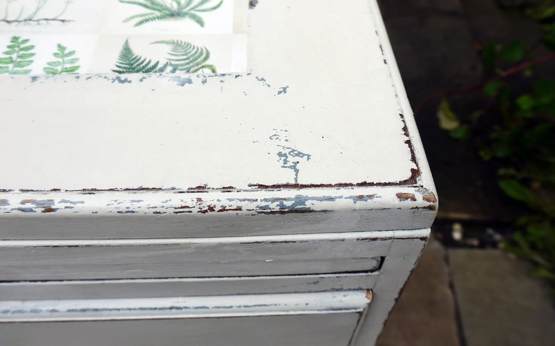 Vintage writing desk painted in chippy miss mustard seed milk paint grain sack grey layered with Bergere and a botanical fern design