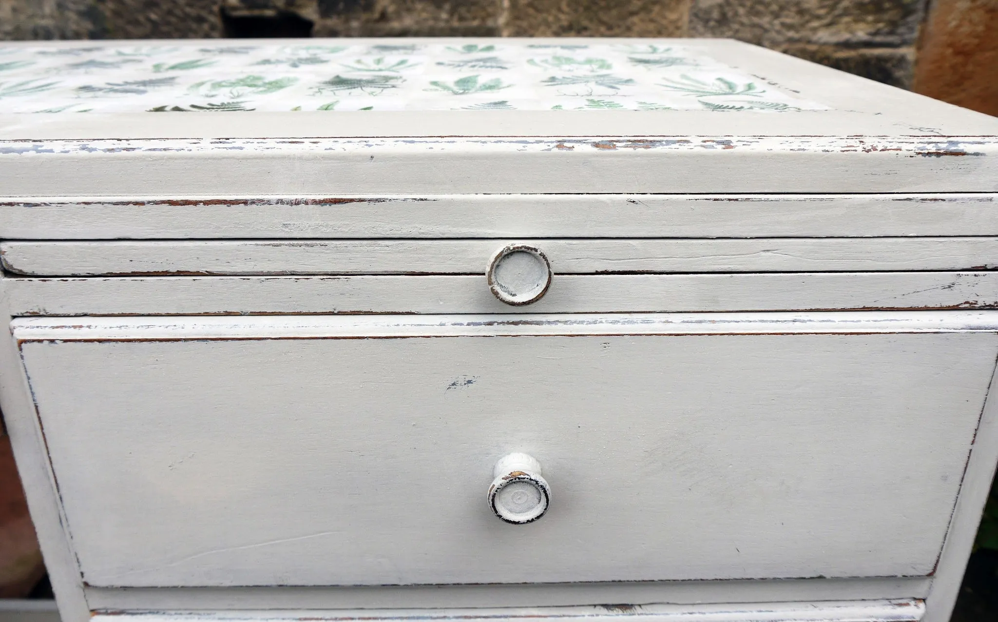 Vintage writing desk painted in chippy miss mustard seed milk paint grain sack grey layered with Bergere and a botanical fern design