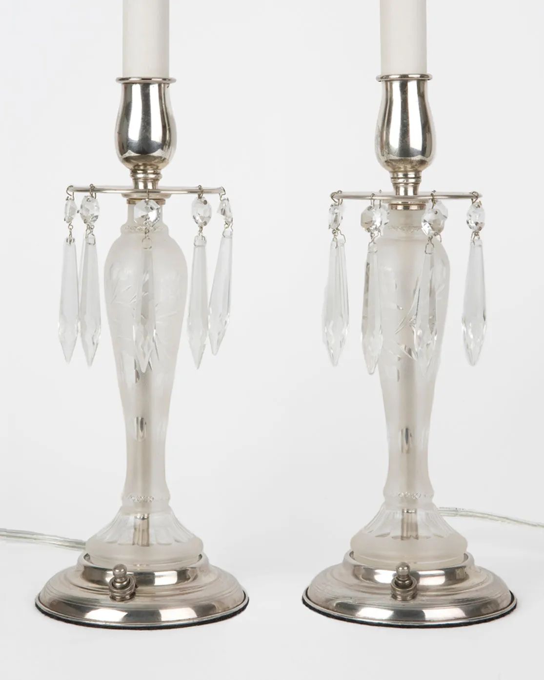 Wheel Cut Glass Candlestick Lamps with Crystal Prisms