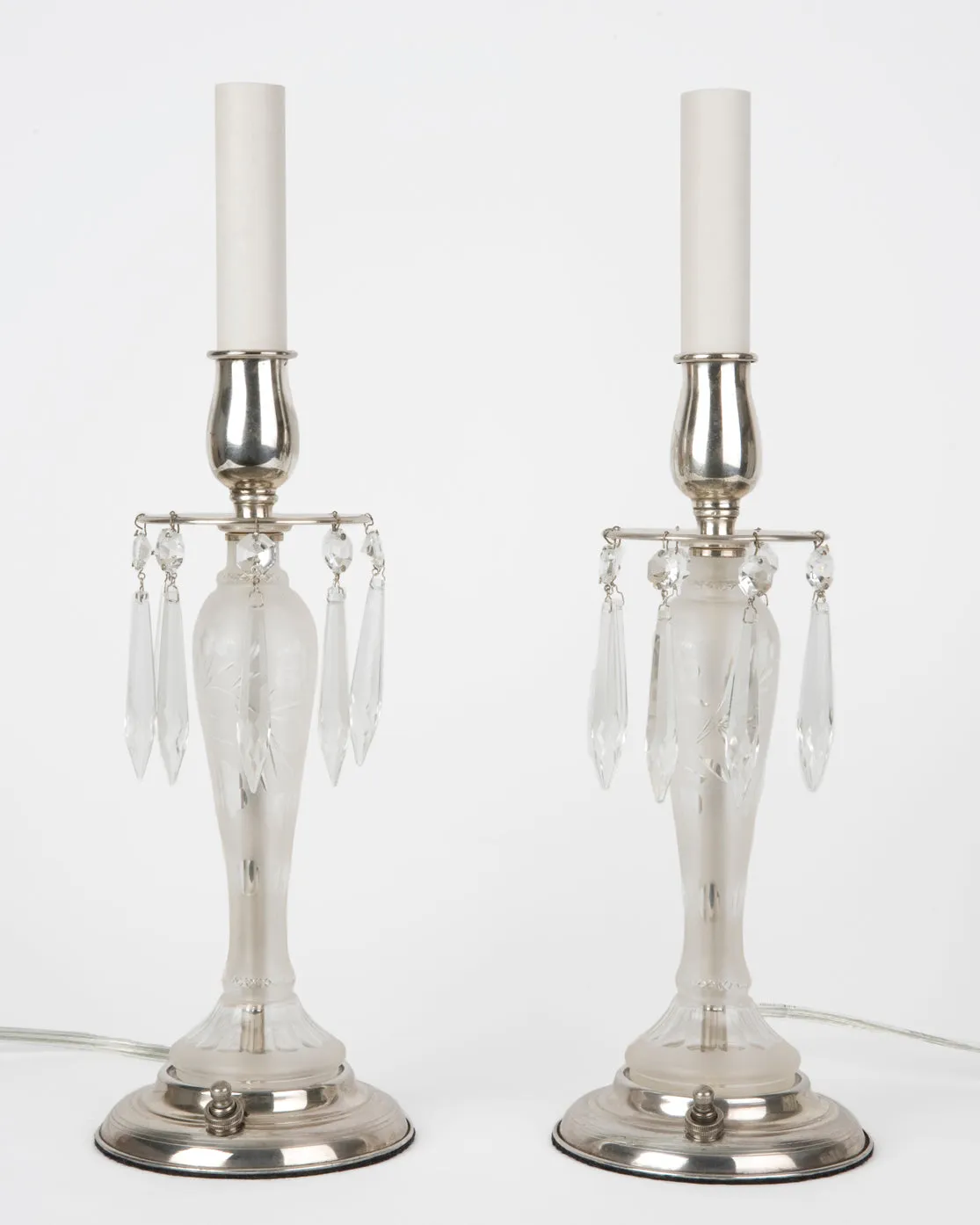 Wheel Cut Glass Candlestick Lamps with Crystal Prisms